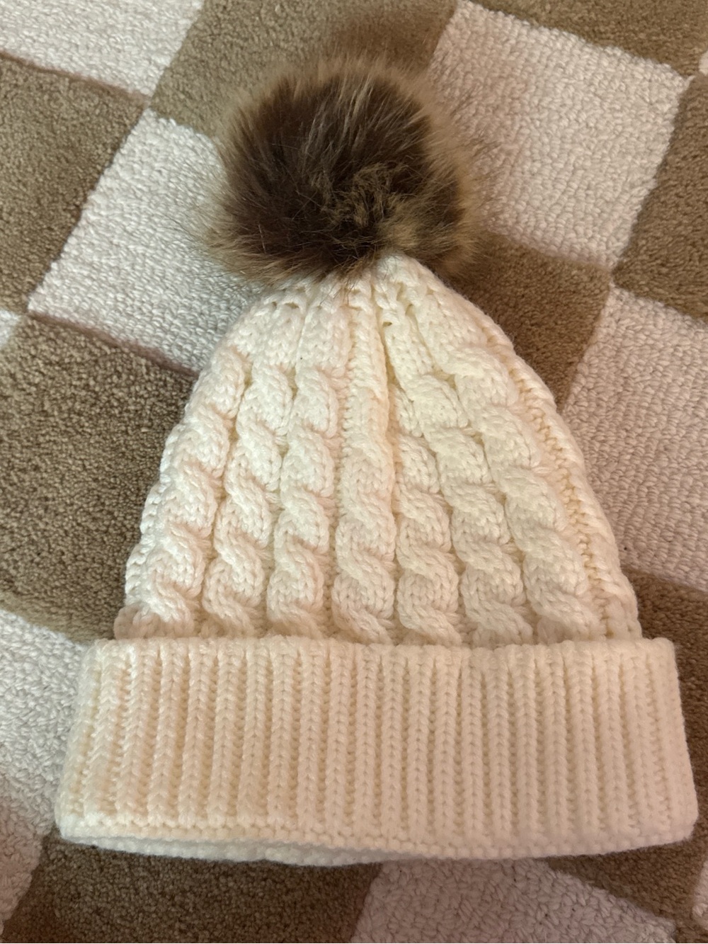 Cream Knit Beanie Hat with fur Pom Pom